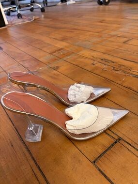 Amina Muaddi Clear Lucite Pointed-Toe Slingback Heels with Silver Toe